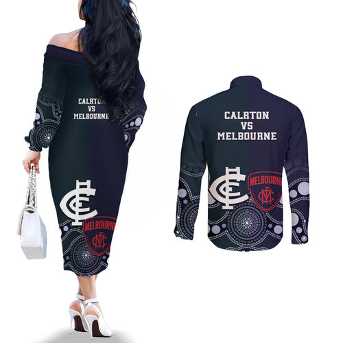 Demons And Blues Football Couples Matching Off The Shoulder Long Sleeve Dress and Long Sleeve Button Shirt Melbourne And Calrton Mascots Aboriginal Art