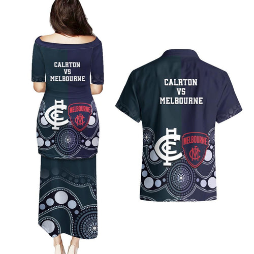 Demons And Blues Football Couples Matching Puletasi and Hawaiian Shirt Melbourne And Calrton Mascots Aboriginal Art