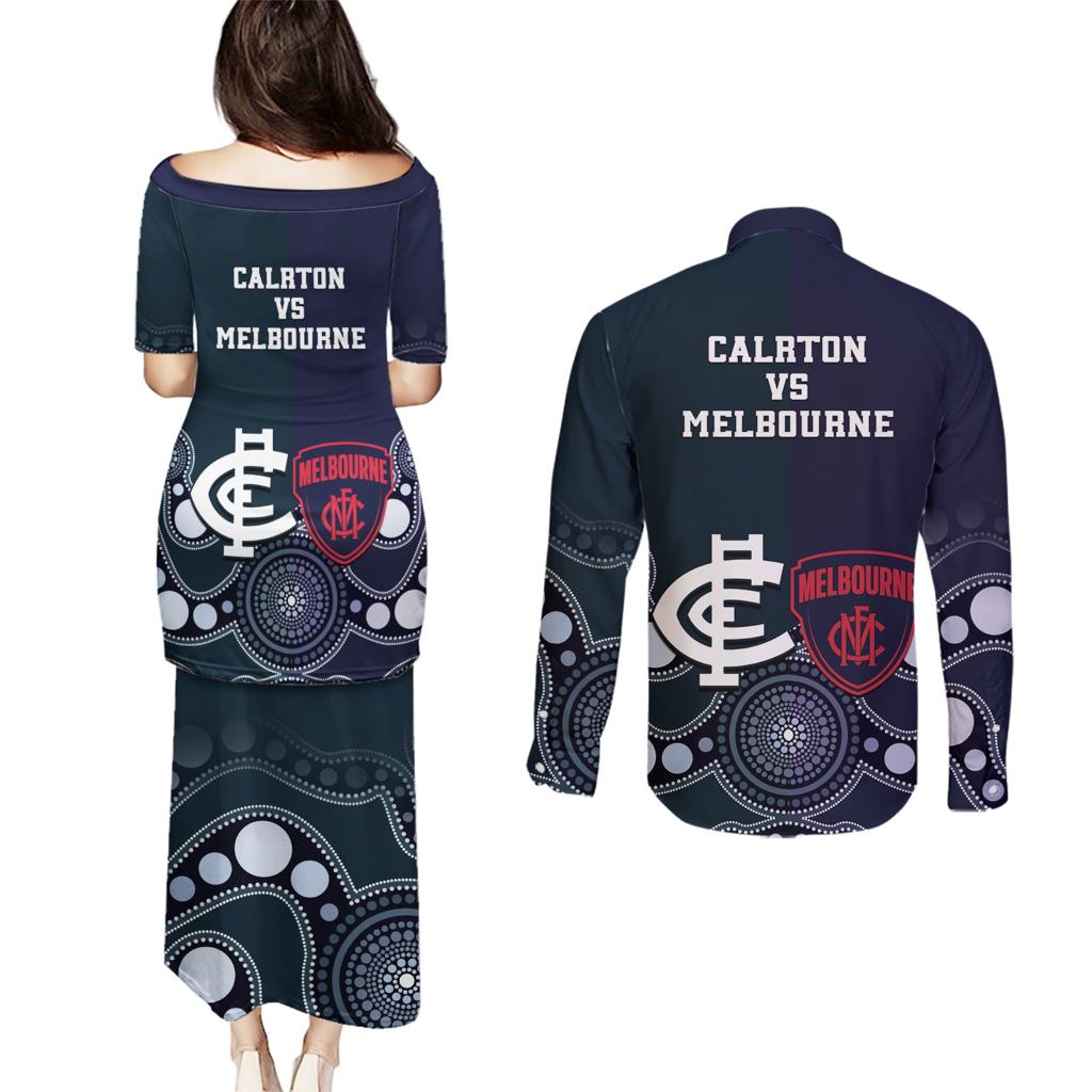 Demons And Blues Football Couples Matching Puletasi and Long Sleeve Button Shirt Melbourne And Calrton Mascots Aboriginal Art