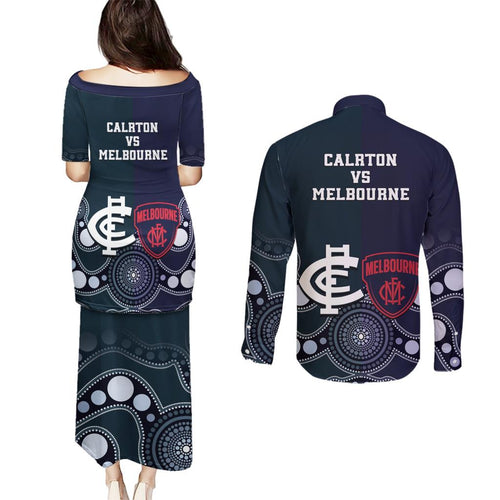 Demons And Blues Football Couples Matching Puletasi and Long Sleeve Button Shirt Melbourne And Calrton Mascots Aboriginal Art