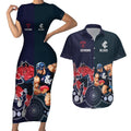 Demons And Blues Football Couples Matching Short Sleeve Bodycon Dress and Hawaiian Shirt Melbourne And Calrton Mascots Aboriginal Art