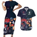 Demons And Blues Football Couples Matching Short Sleeve Bodycon Dress and Hawaiian Shirt Melbourne And Calrton Mascots Aboriginal Art