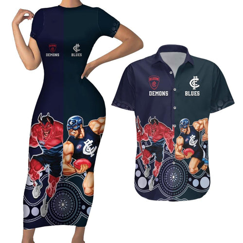 Demons And Blues Football Couples Matching Short Sleeve Bodycon Dress and Hawaiian Shirt Melbourne And Calrton Mascots Aboriginal Art