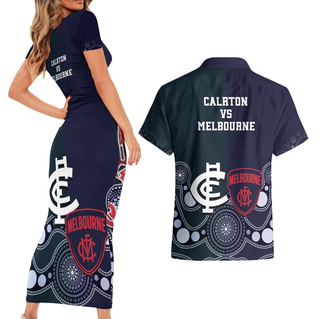 Demons And Blues Football Couples Matching Short Sleeve Bodycon Dress and Hawaiian Shirt Melbourne And Calrton Mascots Aboriginal Art