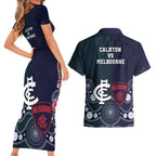 Demons And Blues Football Couples Matching Short Sleeve Bodycon Dress and Hawaiian Shirt Melbourne And Calrton Mascots Aboriginal Art