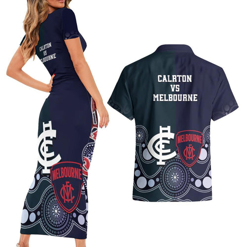 Demons And Blues Football Couples Matching Short Sleeve Bodycon Dress and Hawaiian Shirt Melbourne And Calrton Mascots Aboriginal Art