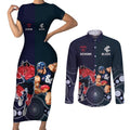 Demons And Blues Football Couples Matching Short Sleeve Bodycon Dress and Long Sleeve Button Shirt Melbourne And Calrton Mascots Aboriginal Art