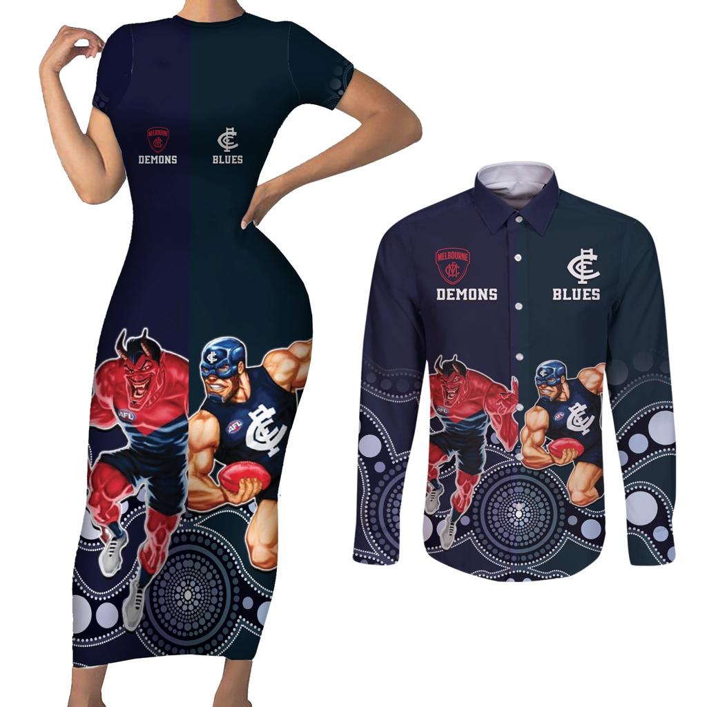 Demons And Blues Football Couples Matching Short Sleeve Bodycon Dress and Long Sleeve Button Shirt Melbourne And Calrton Mascots Aboriginal Art