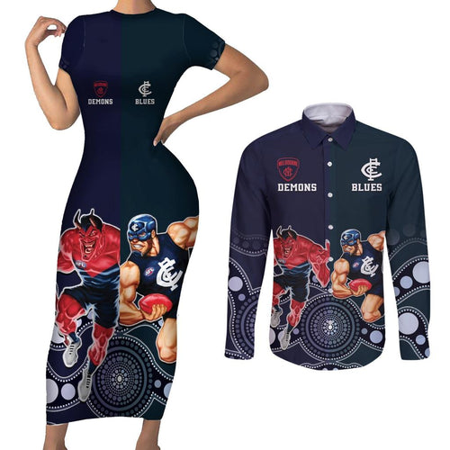 Demons And Blues Football Couples Matching Short Sleeve Bodycon Dress and Long Sleeve Button Shirt Melbourne And Calrton Mascots Aboriginal Art