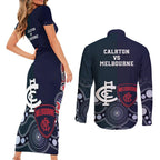 Demons And Blues Football Couples Matching Short Sleeve Bodycon Dress and Long Sleeve Button Shirt Melbourne And Calrton Mascots Aboriginal Art