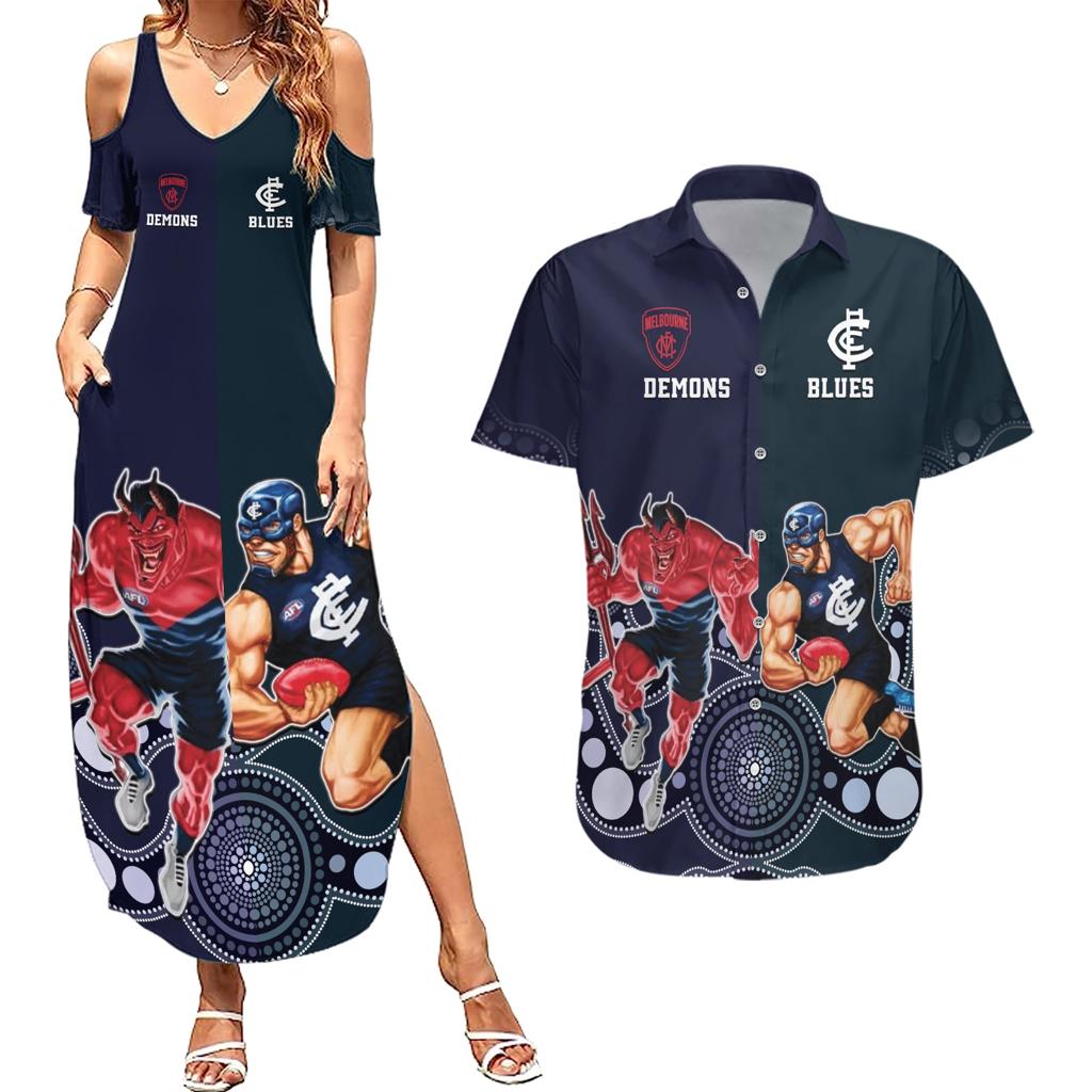 Demons And Blues Football Couples Matching Summer Maxi Dress and Hawaiian Shirt Melbourne And Calrton Mascots Aboriginal Art