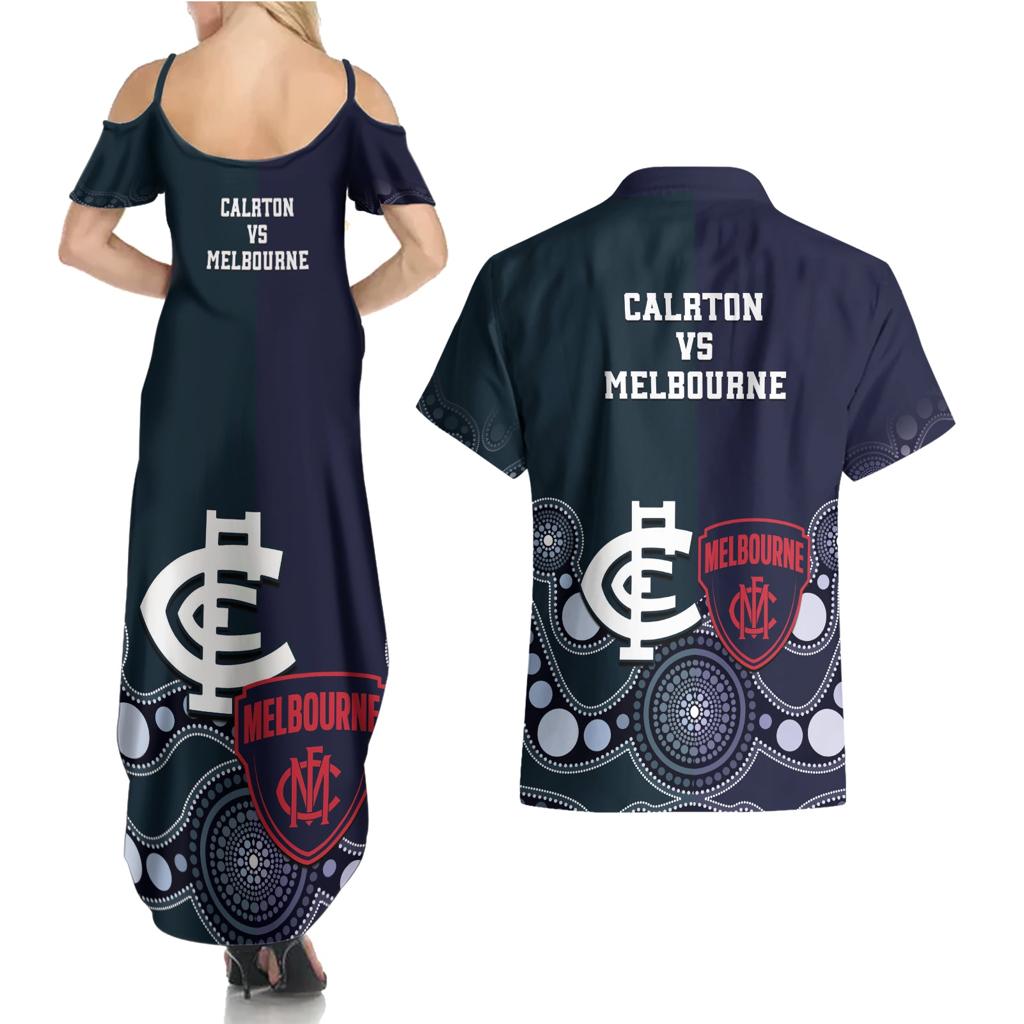 Demons And Blues Football Couples Matching Summer Maxi Dress and Hawaiian Shirt Melbourne And Calrton Mascots Aboriginal Art