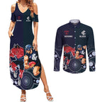 Demons And Blues Football Couples Matching Summer Maxi Dress and Long Sleeve Button Shirt Melbourne And Calrton Mascots Aboriginal Art