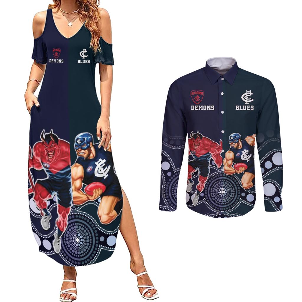 Demons And Blues Football Couples Matching Summer Maxi Dress and Long Sleeve Button Shirt Melbourne And Calrton Mascots Aboriginal Art