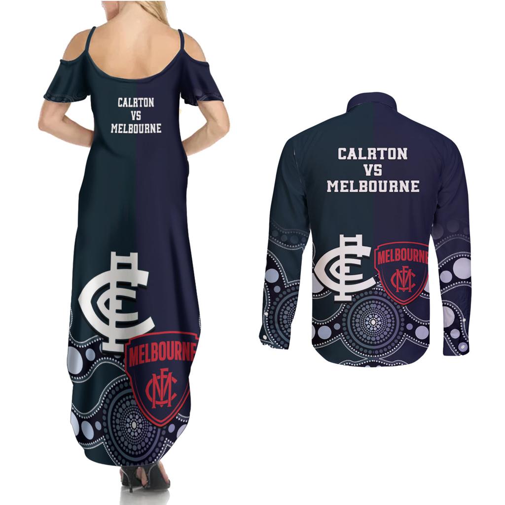 Demons And Blues Football Couples Matching Summer Maxi Dress and Long Sleeve Button Shirt Melbourne And Calrton Mascots Aboriginal Art
