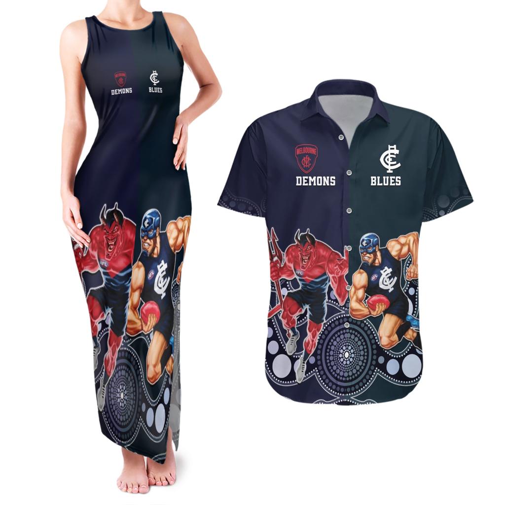 Demons And Blues Football Couples Matching Tank Maxi Dress and Hawaiian Shirt Melbourne And Calrton Mascots Aboriginal Art