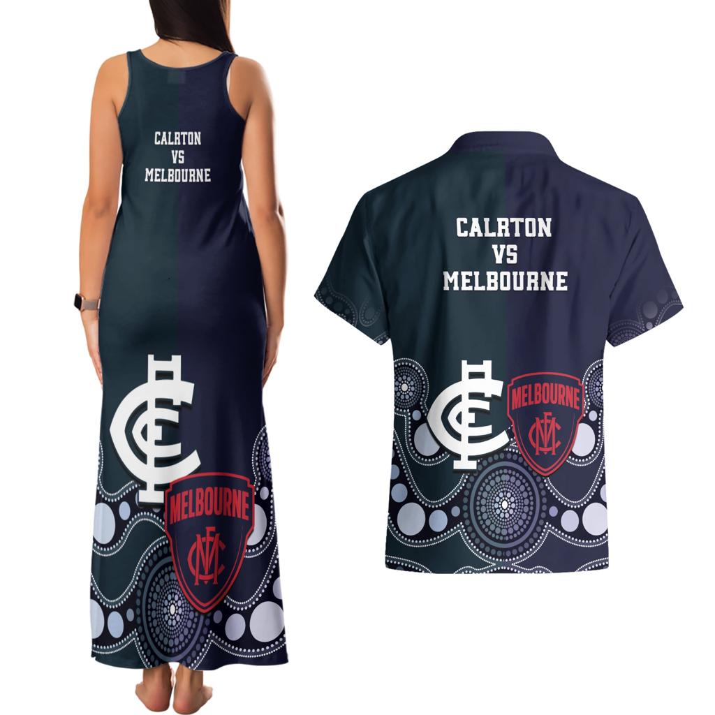Demons And Blues Football Couples Matching Tank Maxi Dress and Hawaiian Shirt Melbourne And Calrton Mascots Aboriginal Art