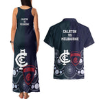 Demons And Blues Football Couples Matching Tank Maxi Dress and Hawaiian Shirt Melbourne And Calrton Mascots Aboriginal Art
