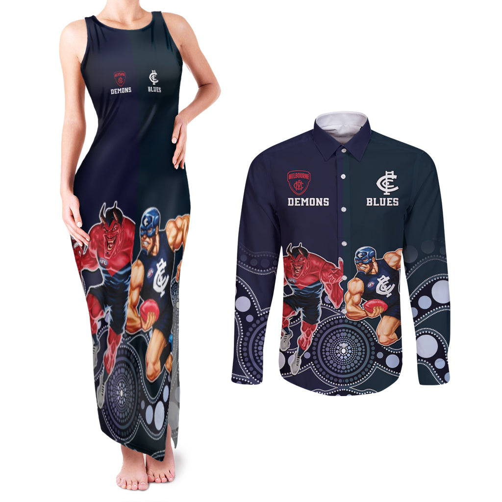 Demons And Blues Football Couples Matching Tank Maxi Dress and Long Sleeve Button Shirt Melbourne And Calrton Mascots Aboriginal Art