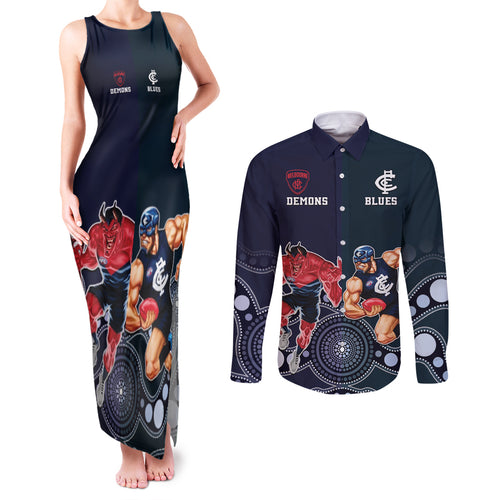 Demons And Blues Football Couples Matching Tank Maxi Dress and Long Sleeve Button Shirt Melbourne And Calrton Mascots Aboriginal Art