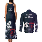 Demons And Blues Football Couples Matching Tank Maxi Dress and Long Sleeve Button Shirt Melbourne And Calrton Mascots Aboriginal Art