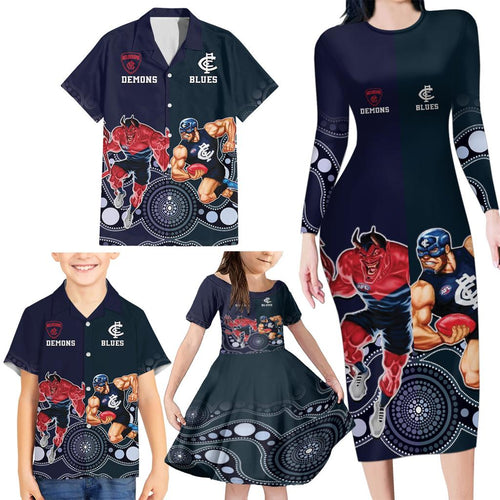 Demons And Blues Football Family Matching Long Sleeve Bodycon Dress and Hawaiian Shirt Melbourne And Calrton Mascots Aboriginal Art