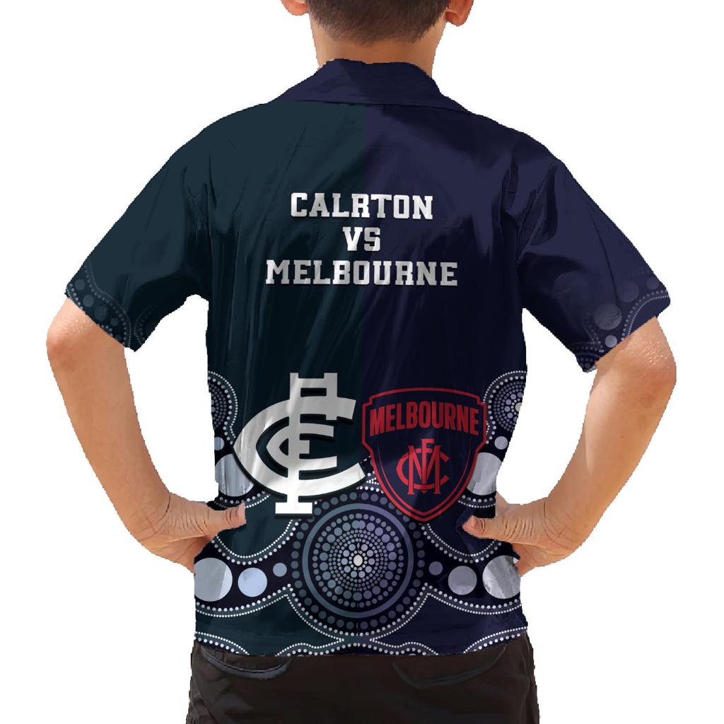 Demons And Blues Football Family Matching Long Sleeve Bodycon Dress and Hawaiian Shirt Melbourne And Calrton Mascots Aboriginal Art