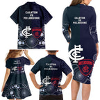 Demons And Blues Football Family Matching Long Sleeve Bodycon Dress and Hawaiian Shirt Melbourne And Calrton Mascots Aboriginal Art