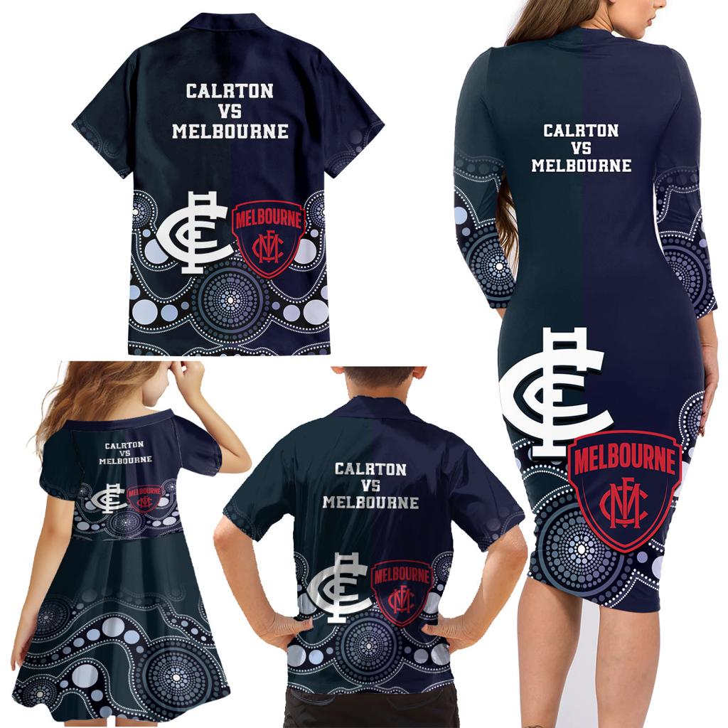 Demons And Blues Football Family Matching Long Sleeve Bodycon Dress and Hawaiian Shirt Melbourne And Calrton Mascots Aboriginal Art