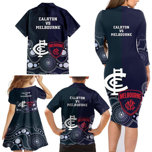 Demons And Blues Football Family Matching Long Sleeve Bodycon Dress and Hawaiian Shirt Melbourne And Calrton Mascots Aboriginal Art