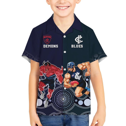 Demons And Blues Football Family Matching Long Sleeve Bodycon Dress and Hawaiian Shirt Melbourne And Calrton Mascots Aboriginal Art