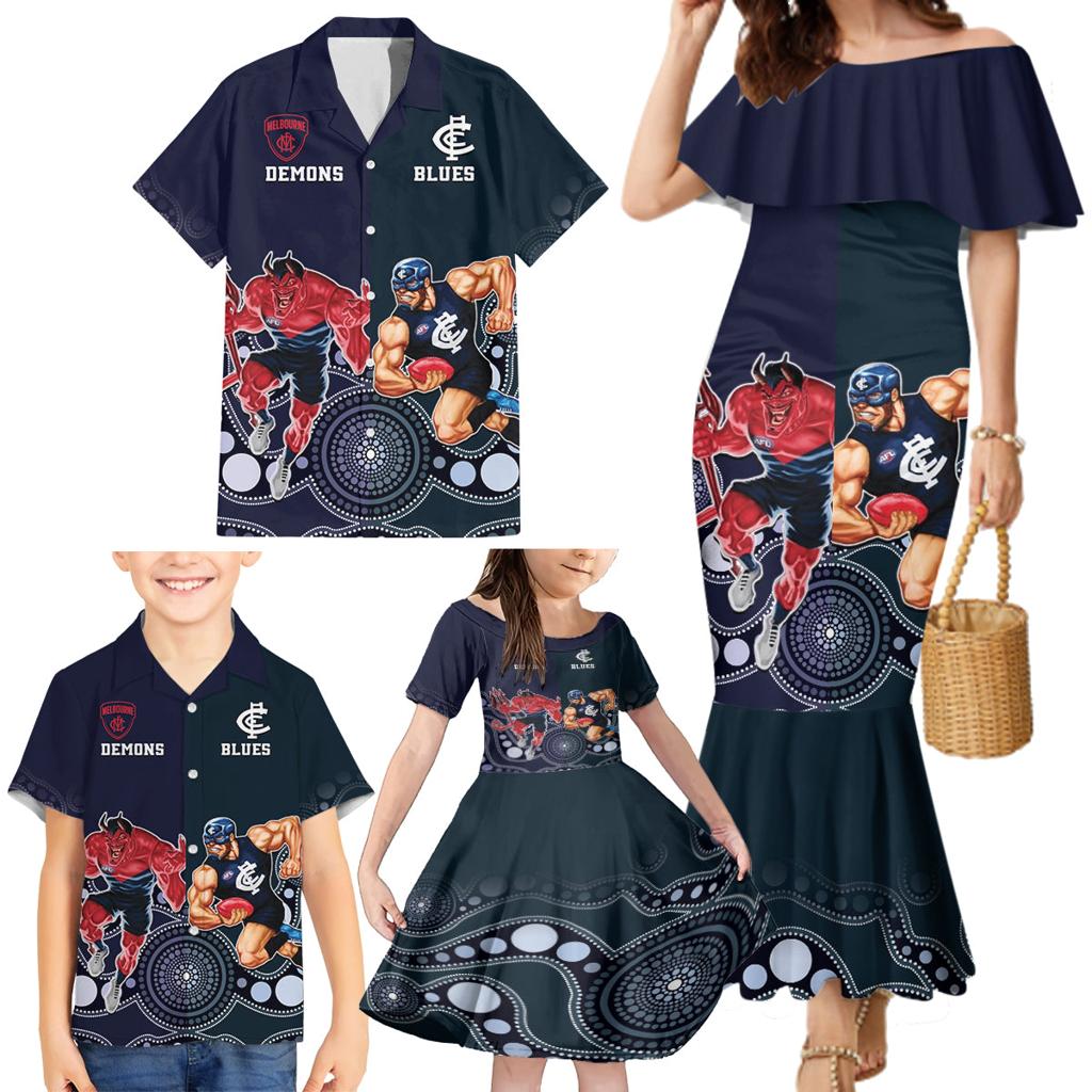 Demons And Blues Football Family Matching Mermaid Dress and Hawaiian Shirt Melbourne And Calrton Mascots Aboriginal Art