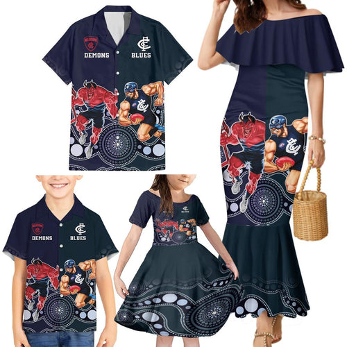 Demons And Blues Football Family Matching Mermaid Dress and Hawaiian Shirt Melbourne And Calrton Mascots Aboriginal Art