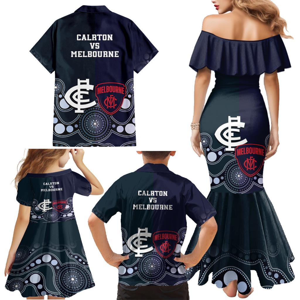 Demons And Blues Football Family Matching Mermaid Dress and Hawaiian Shirt Melbourne And Calrton Mascots Aboriginal Art