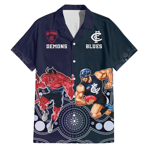 Demons And Blues Football Family Matching Mermaid Dress and Hawaiian Shirt Melbourne And Calrton Mascots Aboriginal Art