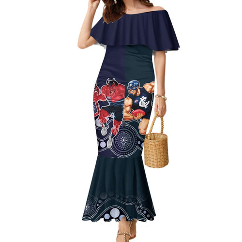 Demons And Blues Football Family Matching Mermaid Dress and Hawaiian Shirt Melbourne And Calrton Mascots Aboriginal Art