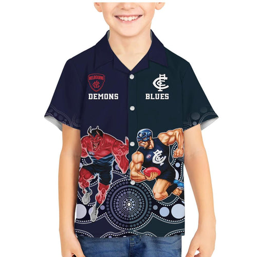 Demons And Blues Football Family Matching Mermaid Dress and Hawaiian Shirt Melbourne And Calrton Mascots Aboriginal Art