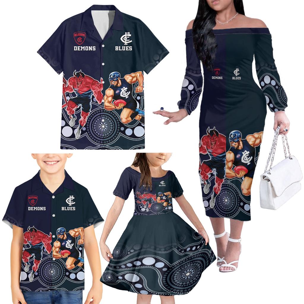 Demons And Blues Football Family Matching Off The Shoulder Long Sleeve Dress and Hawaiian Shirt Melbourne And Calrton Mascots Aboriginal Art