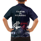 Demons And Blues Football Family Matching Off The Shoulder Long Sleeve Dress and Hawaiian Shirt Melbourne And Calrton Mascots Aboriginal Art