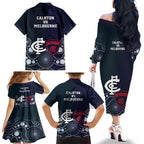 Demons And Blues Football Family Matching Off The Shoulder Long Sleeve Dress and Hawaiian Shirt Melbourne And Calrton Mascots Aboriginal Art