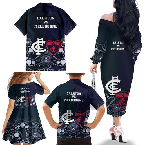 Demons And Blues Football Family Matching Off The Shoulder Long Sleeve Dress and Hawaiian Shirt Melbourne And Calrton Mascots Aboriginal Art