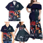 Demons And Blues Football Family Matching Off Shoulder Maxi Dress and Hawaiian Shirt Melbourne And Calrton Mascots Aboriginal Art