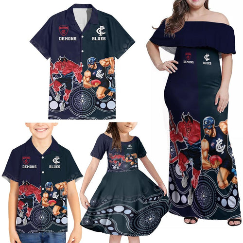 Demons And Blues Football Family Matching Off Shoulder Maxi Dress and Hawaiian Shirt Melbourne And Calrton Mascots Aboriginal Art