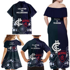 Demons And Blues Football Family Matching Off Shoulder Maxi Dress and Hawaiian Shirt Melbourne And Calrton Mascots Aboriginal Art