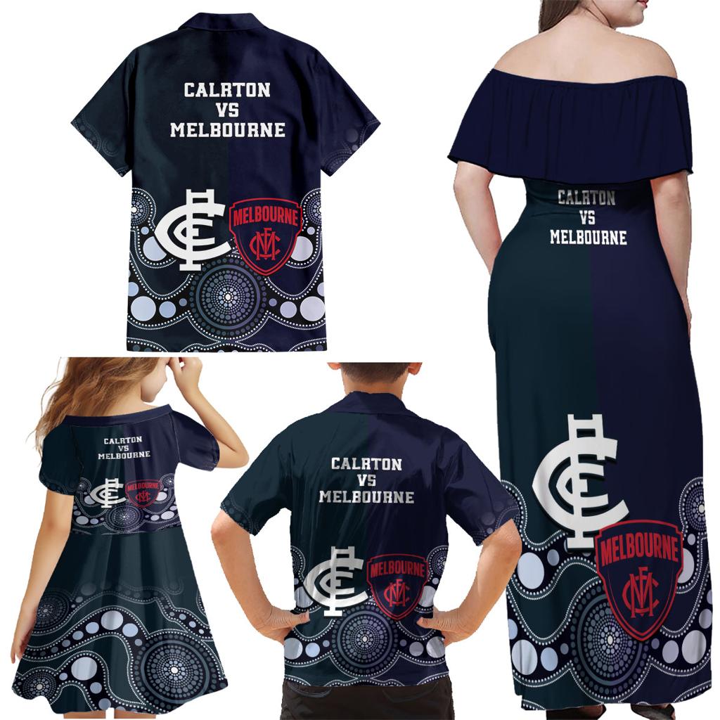 Demons And Blues Football Family Matching Off Shoulder Maxi Dress and Hawaiian Shirt Melbourne And Calrton Mascots Aboriginal Art