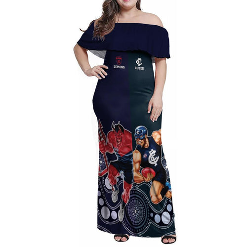 Demons And Blues Football Family Matching Off Shoulder Maxi Dress and Hawaiian Shirt Melbourne And Calrton Mascots Aboriginal Art