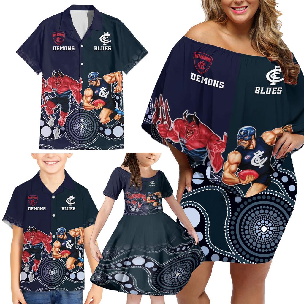 Demons And Blues Football Family Matching Off Shoulder Short Dress and Hawaiian Shirt Melbourne And Calrton Mascots Aboriginal Art