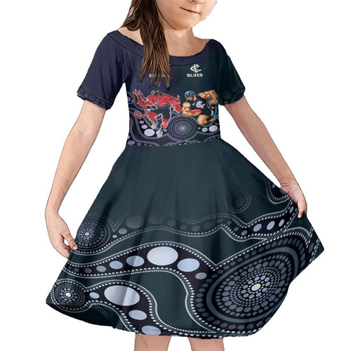 Demons And Blues Football Family Matching Off Shoulder Short Dress and Hawaiian Shirt Melbourne And Calrton Mascots Aboriginal Art