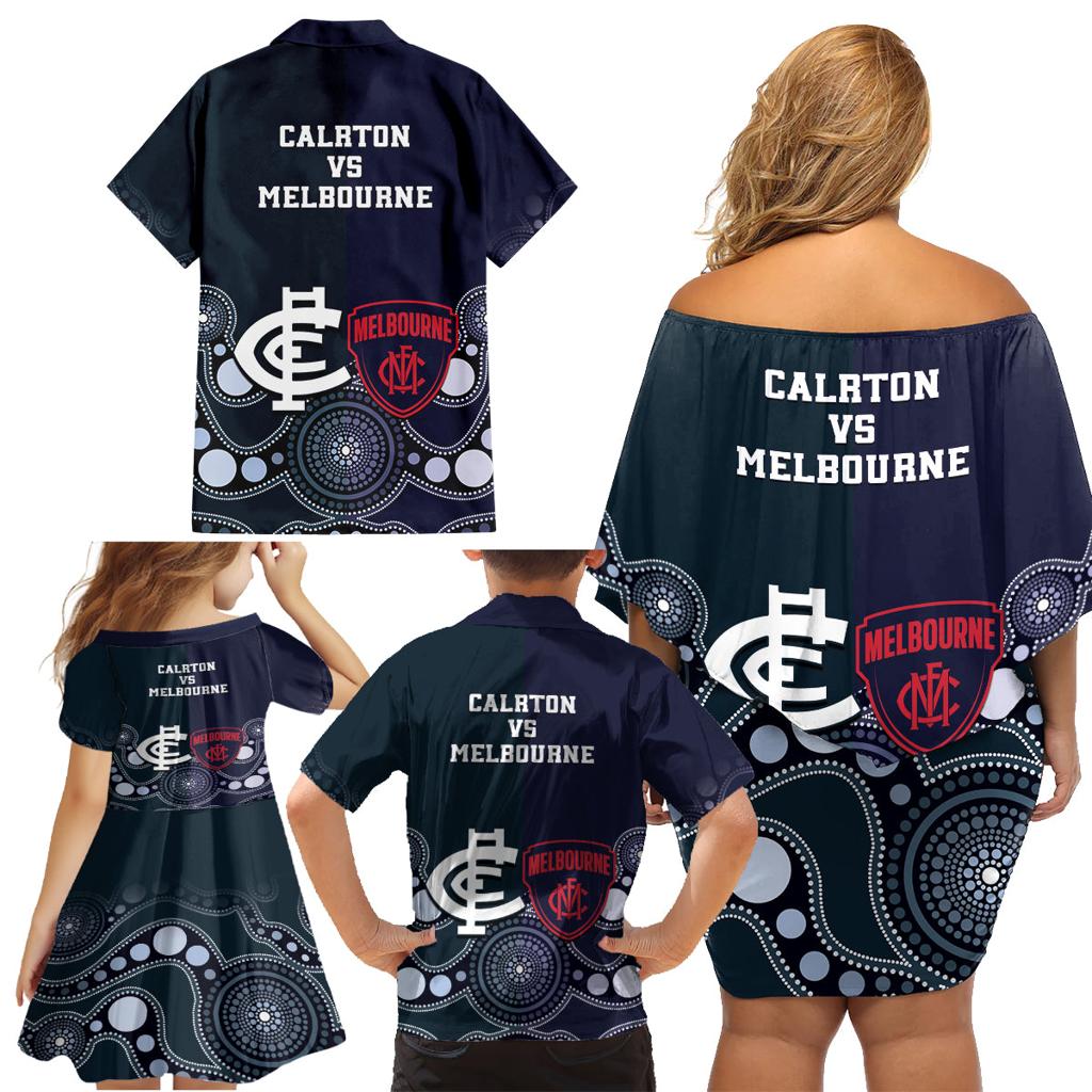 Demons And Blues Football Family Matching Off Shoulder Short Dress and Hawaiian Shirt Melbourne And Calrton Mascots Aboriginal Art