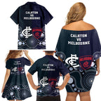 Demons And Blues Football Family Matching Off Shoulder Short Dress and Hawaiian Shirt Melbourne And Calrton Mascots Aboriginal Art